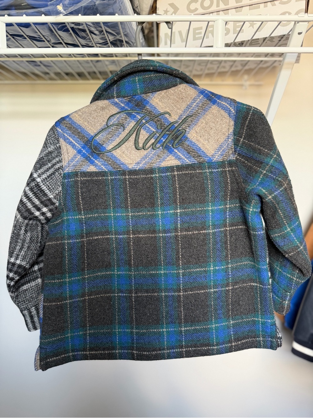 Kith Kids Plaid Wool-Blend Shacket in Gray, Blue, Tan - Picture 3 of 4
